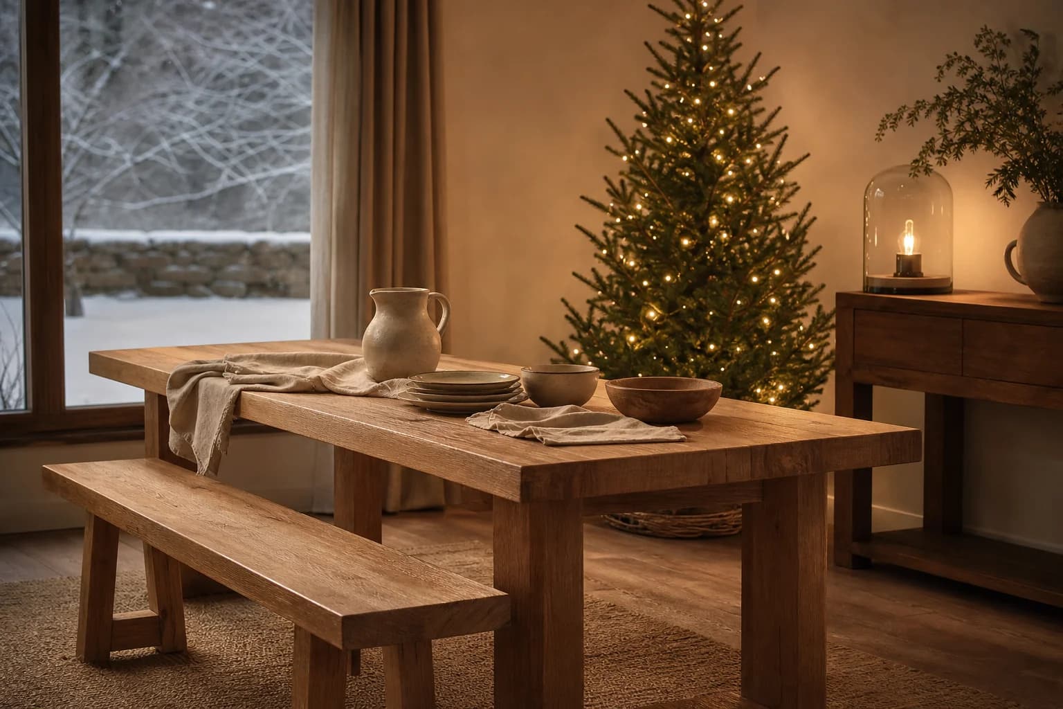 An oak dining table and bench lit by a glass lamp and a glowing pre-lit Christmas tree